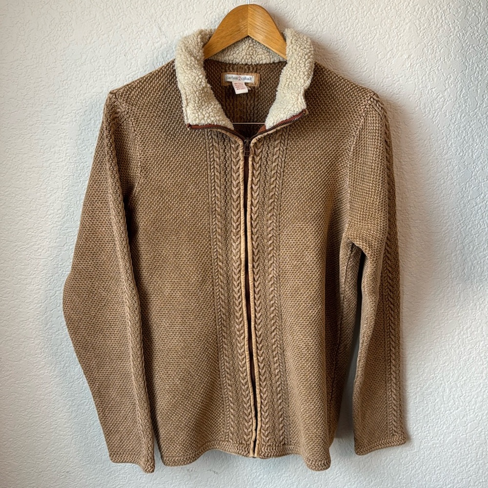 CARBON 2 COBALT 100% Cotton Camel color Cable Zip Up mock turtleneck Women’s LG